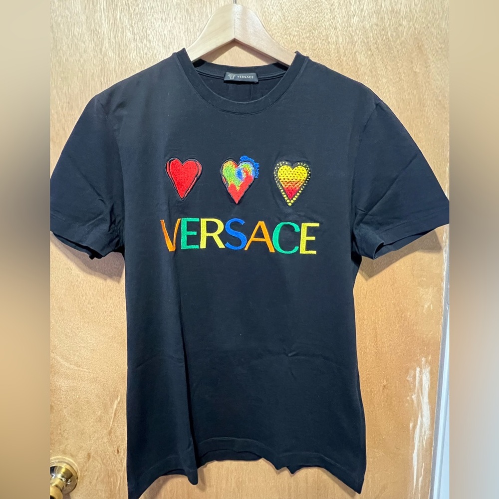Versace Black Tee with Multicolor Heart Accents